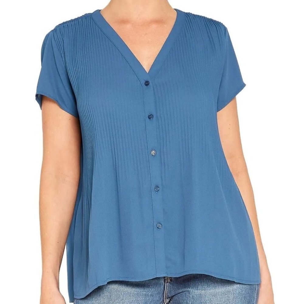 Pleione  Plisse Pleated V-neck Blouse In Slate Blue SP